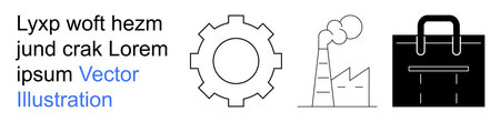 Business strategy, industry, environmental impact, process engineering, workplace management, production. Gear, factory and briefcase symbols. Business strategy and industry conceptのイラスト素材