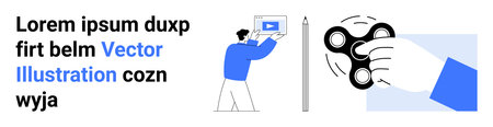 Man presenting digital media content, hand gripping a spinner toy, and a pencil. Ideal for business,...