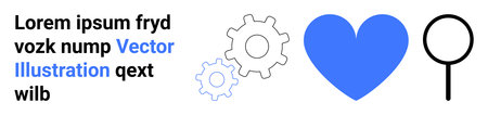 Healthcare, technology, creativity, innovation, diagnostics, data analysis. A blue heart, gears magnifying glass and placeholder text. Healthcare and technology concept for creative applicationsのイラスト素材