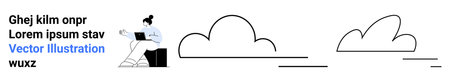 Remote work, digital technology, online learning, creativity, freelancing, graphic design. A woman working on a laptop surrounded by stylized clouds and lines. Remote work and digital technologyのイラスト素材