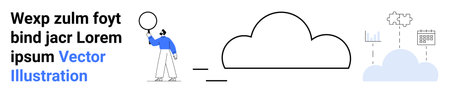 Person holding a balloon next to a large cloud icon, connected to analytics charts and calendar...