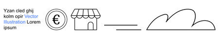 E-commerce, small business, currency transactions, cloud storage, digital economy, financial technology. A euro coin, a shop icon a connecting dash line and a cloud shape. E-commerce and smallのイラスト素材