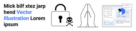 Cybersecurity measures, online threats, data privacy management, analytics reporting, digital transformation, fraudulent activities. Lock symbol with warning, analytical graph and diagramのイラスト素材