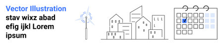 Urban planning, renewable energy, sustainability, eco-friendly living, future development, scheduling. Wind turbine, buildings calendar with a marked date. Urban planning and renewable energyのイラスト素材