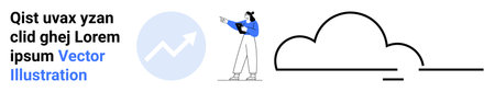 Person holding clipboard analyzing upward data chart next to a stylized cloud. Ideal for analytics, finance, cloud computing, technology, growth, progress, simple landing pageのイラスト素材