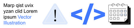 Technology, security, coding, programming, scheduling, alerts. Visual includes an exclamation mark in a triangle, code brackets and a calendar. Technology and security-themed conceptのイラスト素材