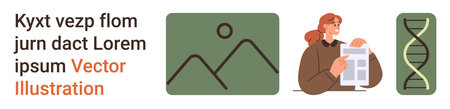 Education, biology, research, science, analytics, communication. Includes a DNA strand, person...