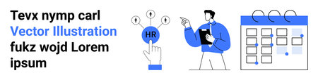 Recruitment, HR planning, employee management, workflow organization, scheduling, corporate strategy. A person pointing at an HR button and analyzing a calendar. HR planning and workflow organizationのイラスト素材