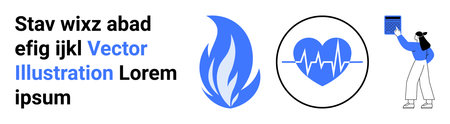 Education, healthcare, digital learning, personal growth, fire safety, fitness tracking. Blue flame,...