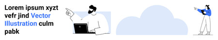 Man with laptop gesturing towards a cloud and person pointing at the same direction. Ideal for teamwork, digital technology, remote work, cloud storage, modern communication, data sharing, simpleのイラスト素材