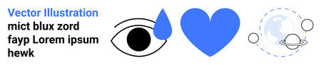 Awareness , emotions, global unity, empathy, connectivity, visual insight. Design an eye with a teardrop, a heart and a planet with orbits. Awareness and emotions conceptsのイラスト素材