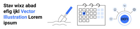 Blockchain, finance, technology, goal setting, decentralized systems, productivity. Visual elements include a calendar with a marked date, a digging tool, and a Defi blockchain network diagramのイラスト素材