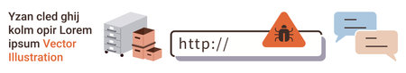 Cybersecurity, malware protection, secure communication, online threats, network safety, data breaches. Browser URL with malware warning, speech bubbles and servers. Cybersecurity and malwareのイラスト素材