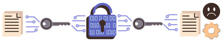 Binary padlock between two documents with keys and circuits symbolizing encryption. Ideal for...