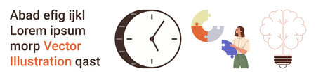 Time management, creativity, teamwork, problem solving, innovation, brainstorming. Clock, puzzle pieces person holding pieces and lightbulb presented in a clean style. Time managementのイラスト素材