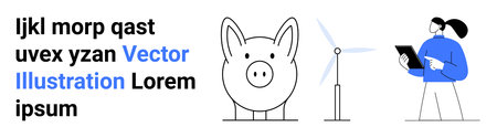 Financial planning, renewable energy, sustainable living, economic growth, green technology, business solutions. A piggy bank, wind turbine and a person holding a tablet. Financial planningのイラスト素材