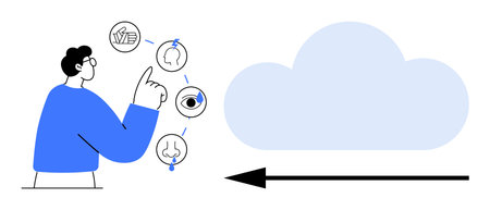 Biometric technology. Biometric recognition includes fingerprint, eye, and face scanning. Biometric data is securely stored in the cloud for authentication processes. For data security, identityのイラスト素材