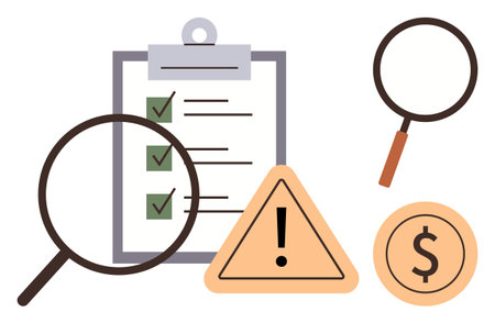Magnifying glasses highlighting a checklist and dollar coin with a warning sign. Ideal for quality control, audit, inspection, financial analysis, attention to detail, risk assessment, simple flatのイラスト素材