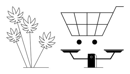 Retail analytics, cannabis trade, consumer behavior, product balance, ecommerce, legal industry. A stylized shopping cart with scale and cannabis leaves. Retail analytics and cannabis trade conceptのイラスト素材