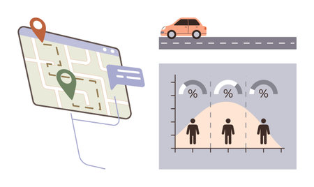 Map with location pins and path, car driving on road, chart with statistics and human figures. Ideal for navigation, travel planning, data analytics, logistics, transportation, demographic studiesのイラスト素材