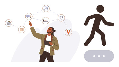 Man interacting with network of icons representing transport, home, navigation, and technology. Ideal for connectivity, transport, innovation, technology, navigation network digital solutionsのイラスト素材