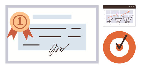 Award certificate with number one badge, graph showing online sales growth, and target with checkmark. Ideal for achievement, success, goals, business growth, certification, performance onlineのイラスト素材