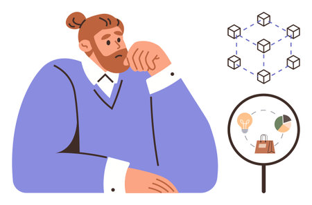 Man contemplating, blockchain network, magnifying glass showing ideas, shopping, and charts. Ideal for technology, business strategy, problem-solving, e-commerce creativity innovation and analysisのイラスト素材