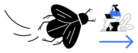 Transition concept. A striking graphic combining a flying insect and a person working on a laptop, transition and digital progress. Transition in technology, work, and ideas. For innovation, changeのイラスト素材