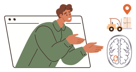 Man gesturing in a browser frame, depicting logistics with forklift, location marker, and brain idea. Ideal for technology, innovation, logistics, education, problem-solving communication teamworkのイラスト素材