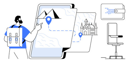 Travel, navigation, planning trips, tourism, digital tools, exploration. Man pointing at a large digital map a navigation pin, mountains and landmarks. Travel and navigation conceptsのイラスト素材