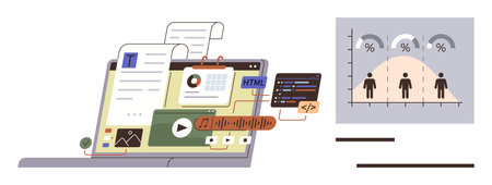 Laptop screen with multimedia content, code snippets, and data visualization graph. Ideal for...