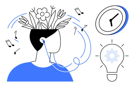 Creativity, productivity, innovation, time management, mindfulness, idea generation. Abstract profile with flowers, musical notes clock and lightbulb symbol. Creativity and productivity conceptのイラスト素材