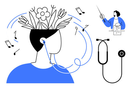 Headset-wearing person with plants and flowers emerging from their head, surrounded by musical notes and a professional directing. Ideal for wellness, creativity, therapy, focus, stress reliefのイラスト素材