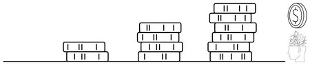 Stacked coins in increasing height symbolize financial growth alongside a brain icon representing ideas. Ideal for finance, investment, strategy, planning, success, education, and innovation. Simpleのイラスト素材