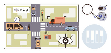 Smart traffic system with AI tracking vehicle speed, pedestrian safety, and sensor data. Ideal for road safety, urban planning, intelligent systems, automation, technology, innovation simple flatのイラスト素材