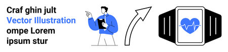 Health monitoring, wearable devices, healthcare innovation, fitness tracking, telemedicine, digital health. Cartoon doctor pointing towards a smartwatch with a heart symbol. Health monitoringのイラスト素材
