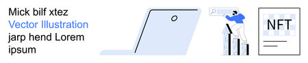 Blockchain, digital assets, financial analytics, technology trends, data visualization, online marketplaces. Minimalist design with a laptop, graph and NFT card. Blockchain and digital assetsのイラスト素材