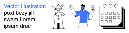 Sustainable energy, planning, events, productivity, teamwork, and organization. Windmill next to a person and a calendar. Sustainable energy and planning concepts areのイラスト素材