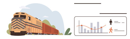 Freight train on track beside chart featuring population and trend analysis. Ideal for transportation, logistics, efficiency, economy, supply chain, planning, sustainability. Simple flat metaphorのイラスト素材