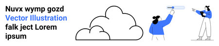 Cloud graphic beside two characters interacting with abstract tools. Ideal for technology, cloud...