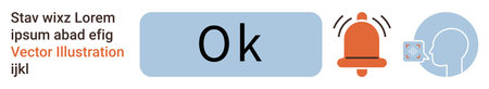 User interface, notifications, alert systems, communication, app design, digital interaction. An Ok button next to a ringing notification bell icon. User interface and notifications conceptのイラスト素材
