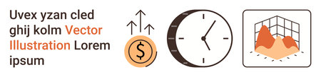 Financial growth, data analysis, time tracking, business success, market trends, economic planning. A dollar symbol with arrows, a clock and a 3D graph. Financial growth and data analysis conceptのイラスト素材