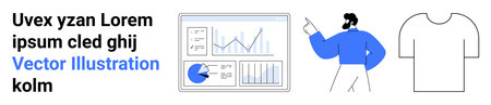 Data dashboard with graphs, charts, pie chart alongside a man pointing to the screen, and a blank...