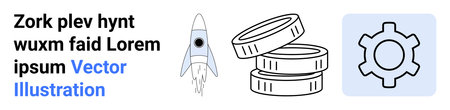 Rocket representing innovation, coins symbolizing wealth, and gear for productivity. Ideal for startups, technology, finance, innovation, growth, automation simple landing pageのイラスト素材