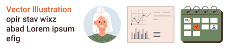 Time management, business planning, data analysis, productivity, organization, workflow. Female character, a chart with graphs and a calendar icon with a marked date. Business planning and timeのイラスト素材