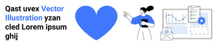 Healthcare, technology, business services, communication, data analysis, teamwork. Blue heart, woman...