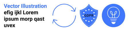 Data security, innovation, process optimization, GDPR compliance, idea generation, workflow. Circular arrows, GDPR shield and lightbulb icons. Data security and innovation conceptsのイラスト素材