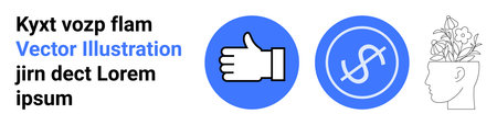 Business growth, financial management, support, creative thinking, productivity, positive feedback. Thumbs-up icon, dollar symbol floral brain head illustration. Business growth and creativeのイラスト素材
