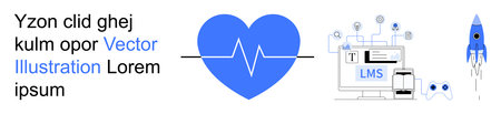 Education platforms, online learning, health monitoring, digital tools, innovation, technology. Blue heart with heartbeat, LMS interface and rocket progress. Education platforms and online learningのイラスト素材