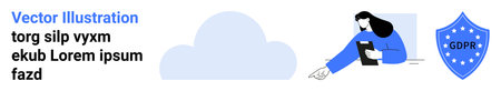 Data privacy, GDPR compliance, digital security, cloud technology, online safety, modern data management. A woman pointing with a clipboard and a GDPR shield icon. GDPR compliance and data privacyのイラスト素材